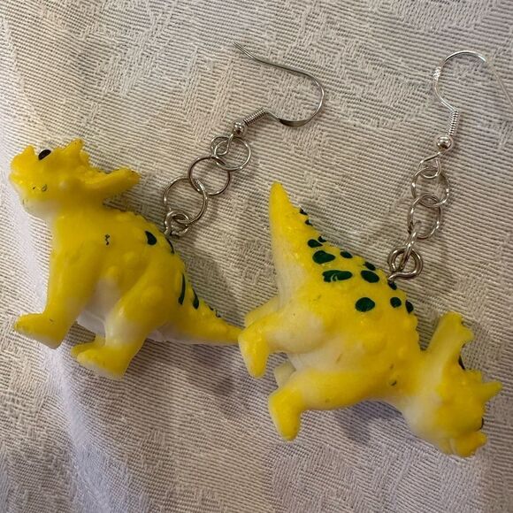 Earrings Pierced Dinosaur Silver Dangly Exaggerated Handmade Costume Jewelry - Picture 1 of 8
